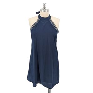 Tobi Halter Lace Trim Tunic Dress Navy Blue M party sexy open back mini